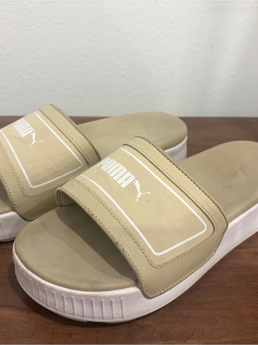 Puma Tan Platform Slide Sandals with White Logo